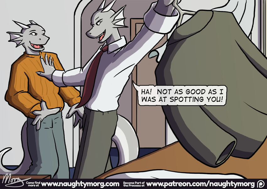 brothers clothed clothing comic dialogue dragon duo english_text fully_clothed male naughtymorg necktie scalie sibling smile sweater text