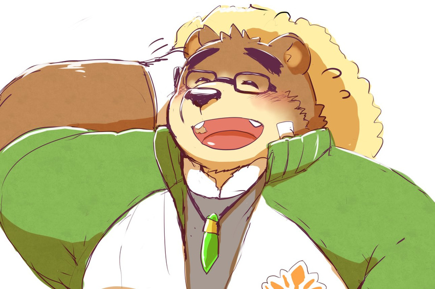 12beat13 2017 anthro bear blush clothed clothing eyewear glasses hat male mammal overweight overweight_male simple_background solo straw_hat tokyo_afterschool_summoners volos white_background