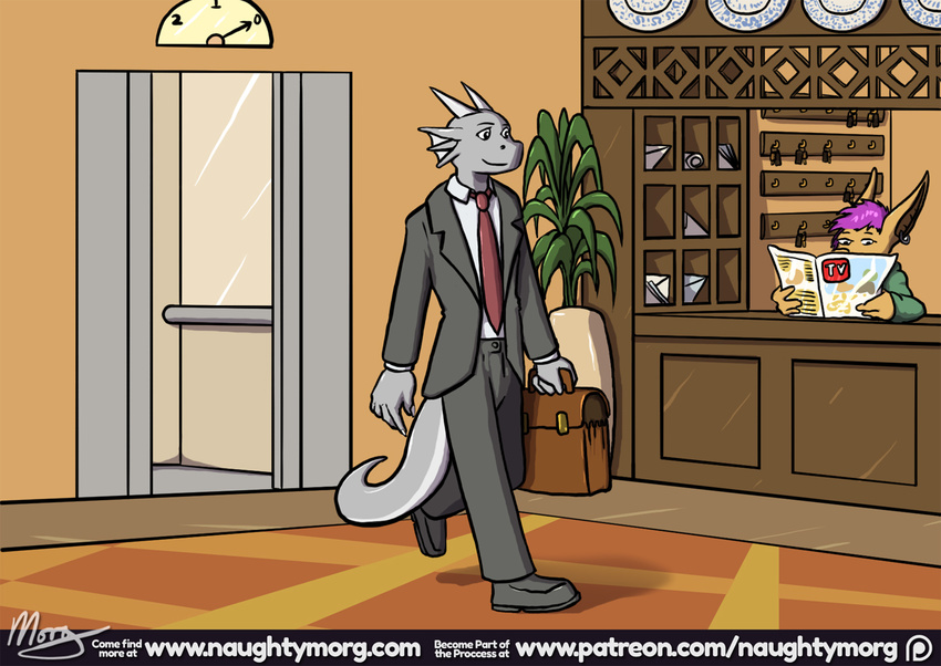 ambiguous_gender business_suit clothing comic dragon duo elevator male naughtymorg necktie scalie suit walking