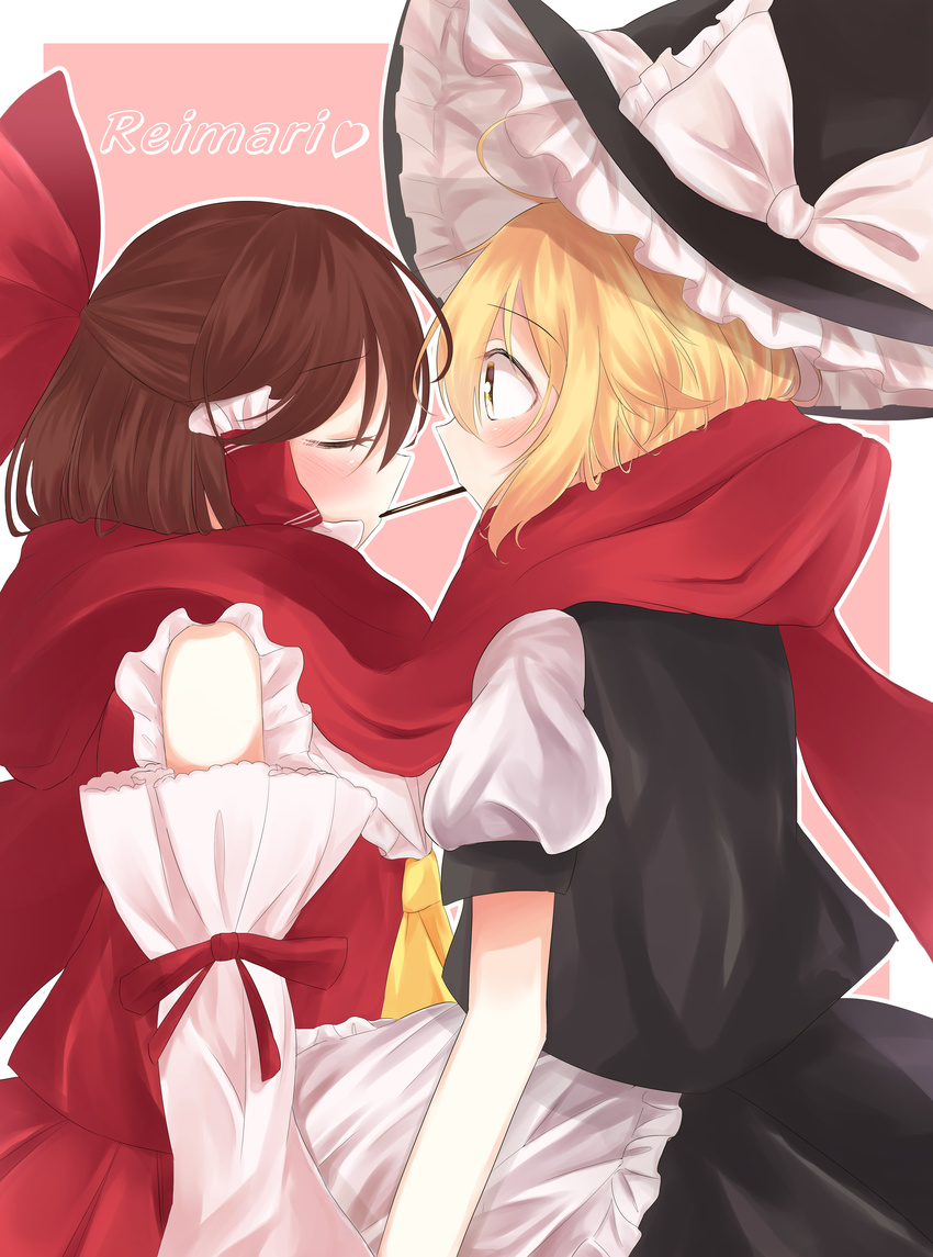 absurdres ahoge apron blonde_hair blush brown_hair closed_eyes commentary_request detached_sleeves food hair_tubes hakurei_reimu half_updo hat heart highres kirakira_rian kirisame_marisa long_hair lovestruck multiple_girls pocky pocky_day pocky_kiss scarf shared_food shared_scarf touhou waist_apron witch_hat yellow_eyes yuri