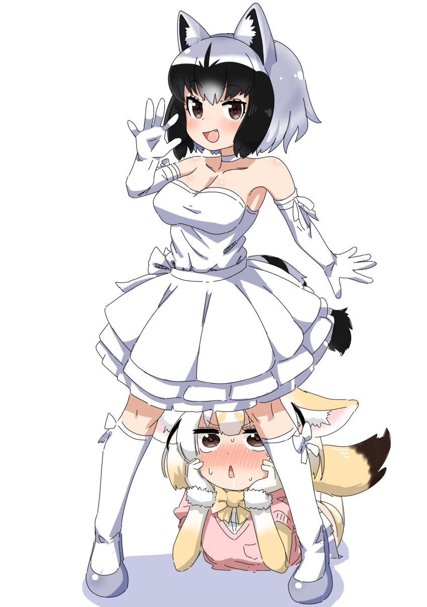 2girls animal_ears bangs blush bow bowtie choker common_raccoon_(kemono_friends) dress drooling elbow_gloves eyebrows_visible_through_hair female_pervert fennec_(kemono_friends) fox_ears fox_tail fur_collar gloves grey_hair highres inaba31415 kemono_friends looking_at_viewer lying multiple_girls on_stomach pervert pink_sweater raccoon_ears raccoon_tail simple_background socks striped_tail sweat sweater tail white_background