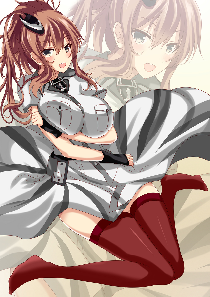 anchor_symbol arm_around_waist ayasato_karen bad_id bad_pixiv_id bed_sheet blush breasts brown_hair commentary_request dress eyebrows_visible_through_hair fingerless_gloves full_body garter_straps gloves hair_between_eyes hair_ornament highres kantai_collection large_breasts neckerchief open_mouth ponytail red_legwear remodel_(kantai_collection) saratoga_(kantai_collection) side_ponytail sitting smile smokestack solo thighhighs wariza white_dress