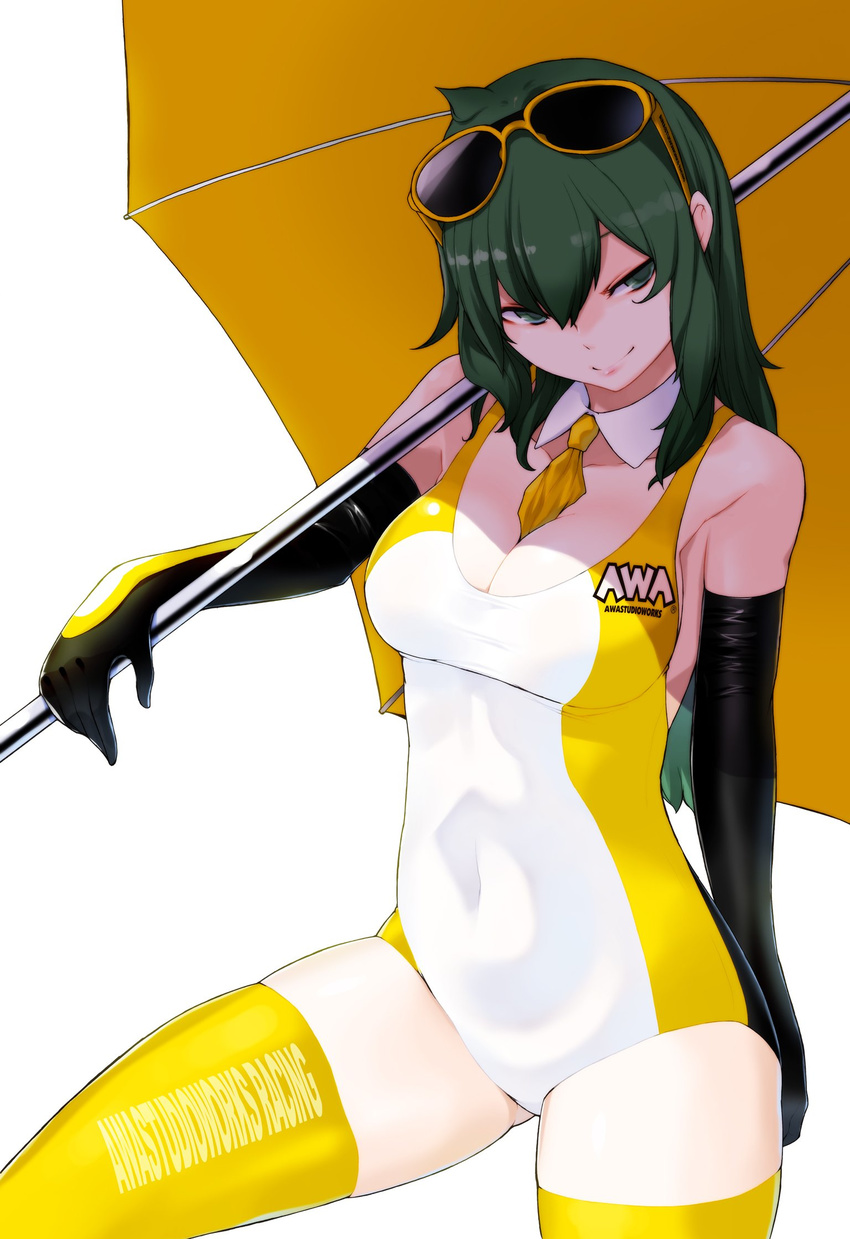 detached_sleeves eyewear_on_head glasses green_hair highres one-piece_swimsuit original race_queen swimsuit thighhighs umbrella yasuda_suzuhito yellow_umbrella