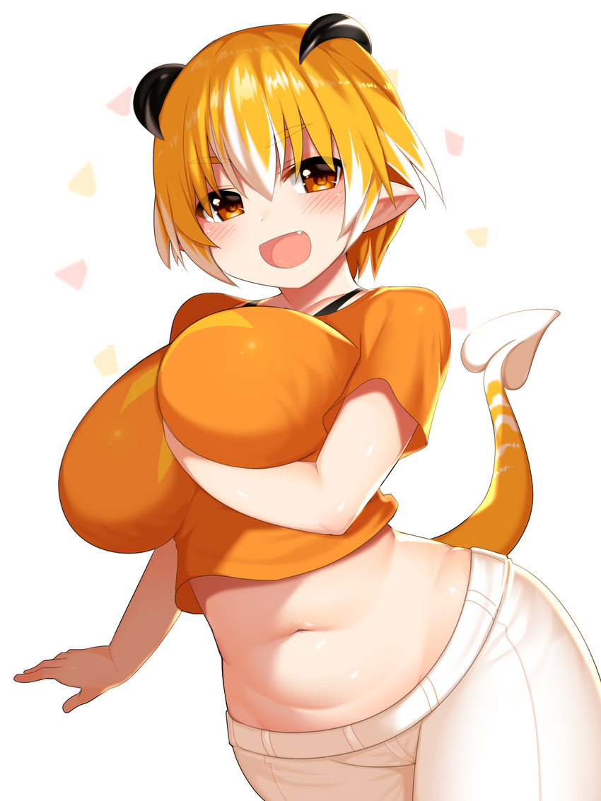 bangs bare_arms belly between_breasts blush breast_hold breasts cowboy_shot crop_top curvy demon_horns demon_tail eyebrows_visible_through_hair fang hand_between_breasts highres horns huge_breasts looking_at_viewer midriff mofuaki navel open_mouth orange_eyes orange_hair orange_shirt original plump pointy_ears shirt short_hair short_sleeves simple_background smile solo tail white_background