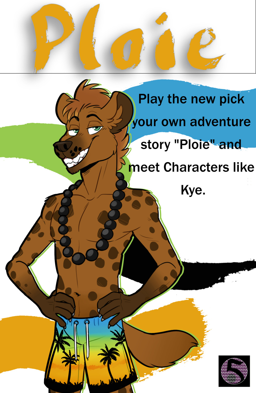 55555ive absurd_res anthro blank_stare book_cover chest_fur claws clothed clothing domestic_cat english_text felid feline felis grin hi_res hyaenid jewelry kye_(55555ive) line_art long_tail male mammal paws shorts simple_background smile solo spotted_hyena standing teeth text topless white_background wolfpai