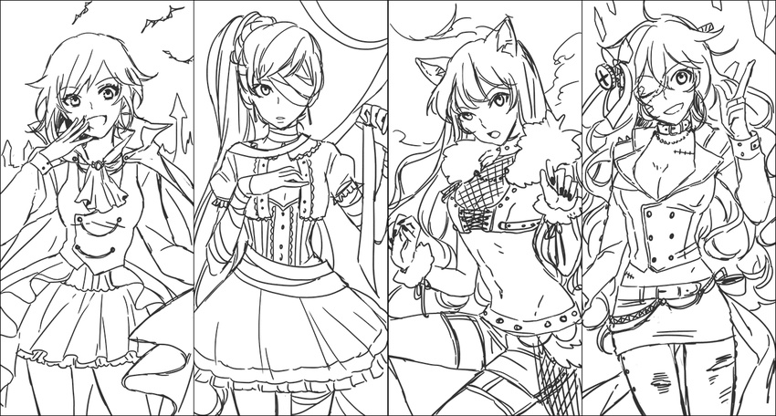 abs animal_ears blake_belladonna breasts cape cat_ears cleavage cosplay ecru frankenstein's_monster frankenstein's_monster_(cosplay) greyscale jacket medium_breasts miniskirt monochrome multiple_girls mummy_costume navel ruby_rose rwby scar scar_across_eye skirt stitches vampire_costume weiss_schnee werewolf yang_xiao_long