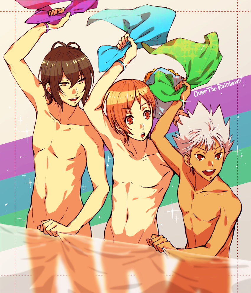 adonis_belt bracelet brown_eyes brown_hair collarbone convenient_censoring dark_skin dark_skinned_male hayami_hiro highres jewelry king_of_prism_by_prettyrhythm male_focus mihama_kouji multiple_boys navel nishina_kazuki nude pectorals pretty_rhythm pretty_rhythm_rainbow_live silver_hair smile spiked_hair toned toned_male towel yellow_eyes