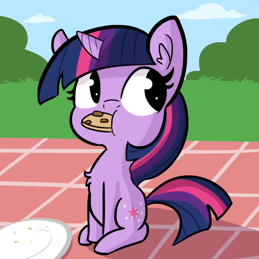 2017 animated bushes chest_tuft cloud cookie crumbs cute cutie_mark eating equine eyelashes female food friendship_is_magic fur grass hair hi_res horn long_hair mammal multicolored_hair my_little_pony outside picnic plate shadow sitting sky solo solo_focus suspicious tjpones tuft twilight_sparkle_(mlp) unicorn