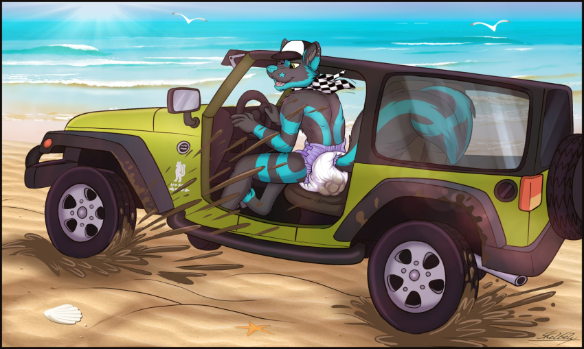 anthro bandanna barefoot beach biped canid canine canis car clothed clothing diaper driving feces fur hair happy hat hybrid jeep male mammal mephitid messy_diaper outside scat sea seaside signature sitting skelbely skunk smile soiling solo topless vehicle water wolf