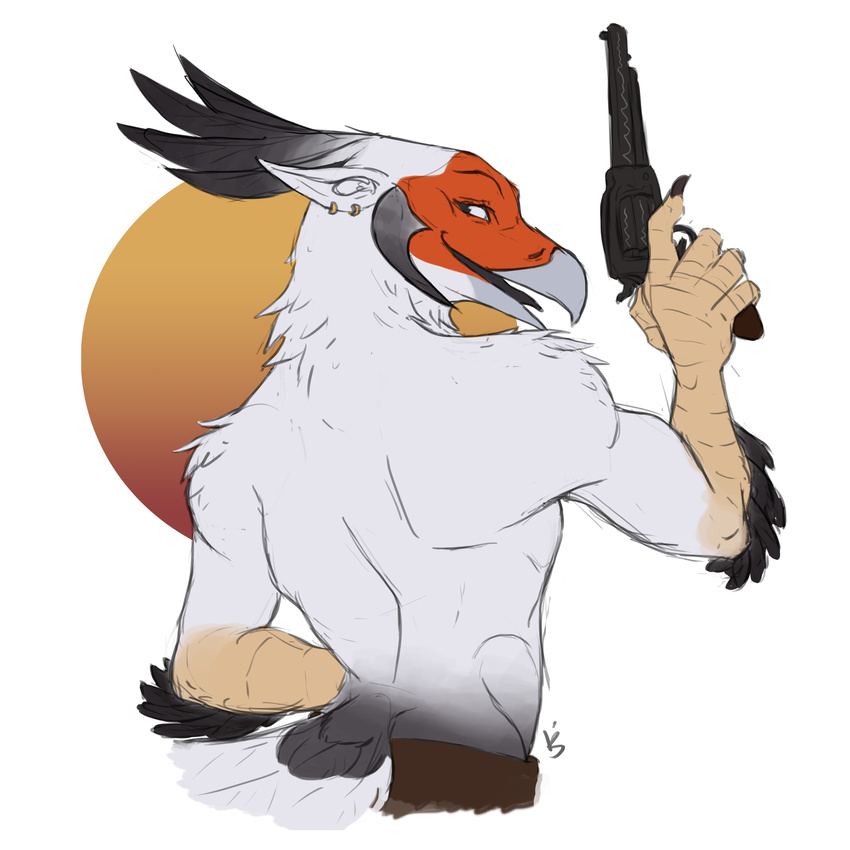 absurd_res anthro athletic avian beak bird black_feathers clothed clothing ear_piercing feathers guild_wars gun handgun hi_res khurje looking_at_viewer looking_back male open_mouth piercing pose quiver_silvertongue ranged_weapon rear_view revolver secretary_bird simple_background smile solo tail_feathers tengu topless tusks video_games weapon white_background
