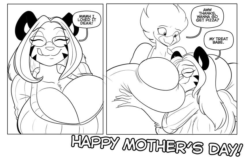2016 anthro big_breasts breasts busty_bird cleavage clothed clothing daughter eating eyes_closed eyewear feline female food glasses hug huge_breasts hyper hyper_breasts jaeh mammal mature_female monochrome mother mother_and_daughter parent tanya_bellacrow tiger tongue tongue_out