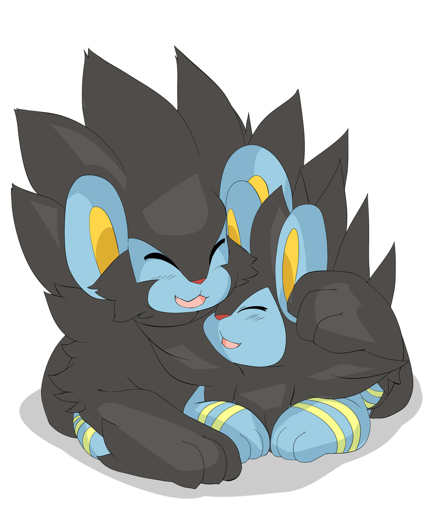 2015 absurd_res ambiguous_gender black_fur blue_fur cuddling cute duo eyes_closed feral fur hi_res luxio luxray nekonade nintendo open_mouth paws pok&eacute;mon pok&eacute;mon_(species) red_nose simple_background video_games white_background