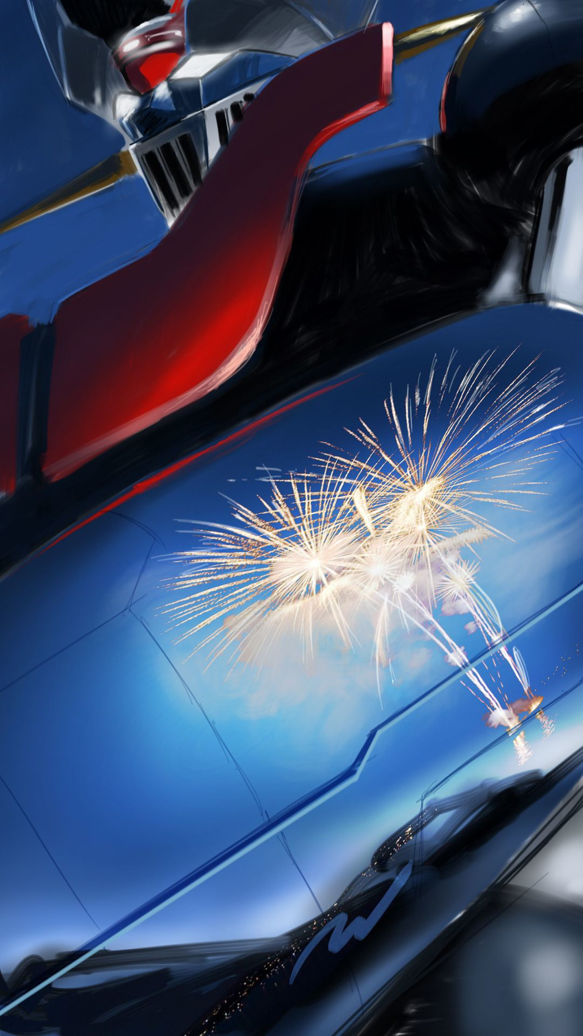 commentary_request fireworks glowing glowing_eyes good_end gradient highres mazinger_z mazinger_z_(mecha) mecha mountainous_horizon night plc realistic reflection science_fiction shiny sketch spoilers super_robot super_robot_wars victory