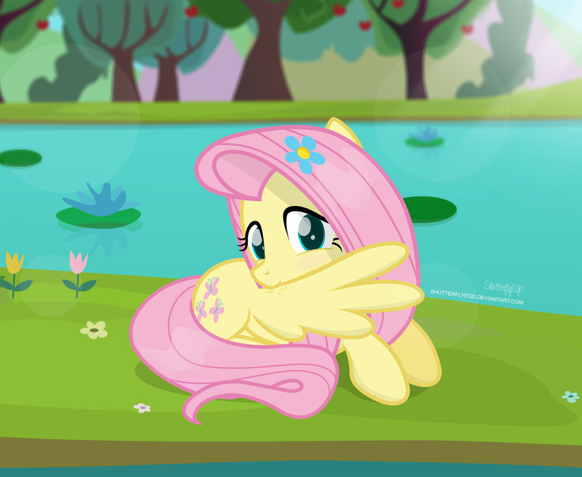 2017 apple blush cute cutie_mark equine eyelashes feathered_wings feathers female flower flower_in_hair fluttershy_(mlp) food friendship_is_magic fruit hair hi_res lily_pad looking_at_viewer mammal my_little_pony nature outside pegasus pink_hair plant pond preening shutterflyeqd sitting solo solo_focus teal_eyes tree water wings