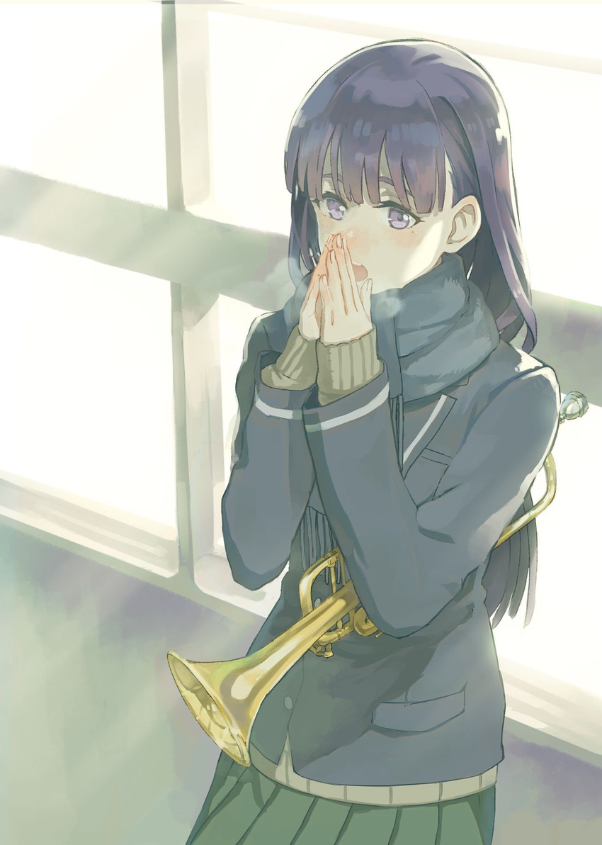 bangs blunt_bangs breath breathing_on_hands cold commentary_request cosmic_(crownclowncosmic) highres indoors instrument just_because! leaning_back long_hair mole mole_under_eye morikawa_hazuki open_mouth pleated_skirt purple_eyes purple_hair scarf school_uniform skirt solo trumpet upper_body