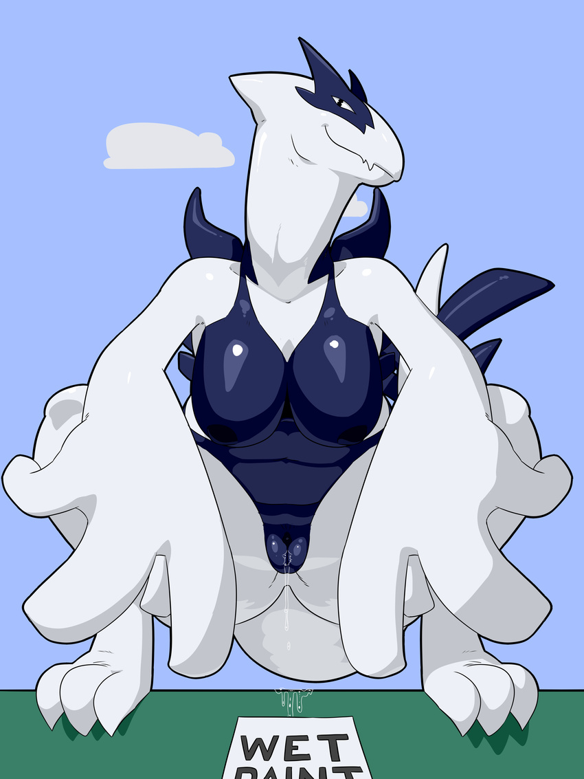 2017 absurd_res anthro breasts cloud crouching digital_media_(artwork) dripping english_text female front_view hi_res juzztie legendary_pok&eacute;mon looking_at_viewer lugia nintendo nipples nude outside pok&eacute;mon pok&eacute;mon_(species) pussy pussy_juice sky slightly_chubby smile solo spread_legs spreading tempest_(xsomeonex) text video_games