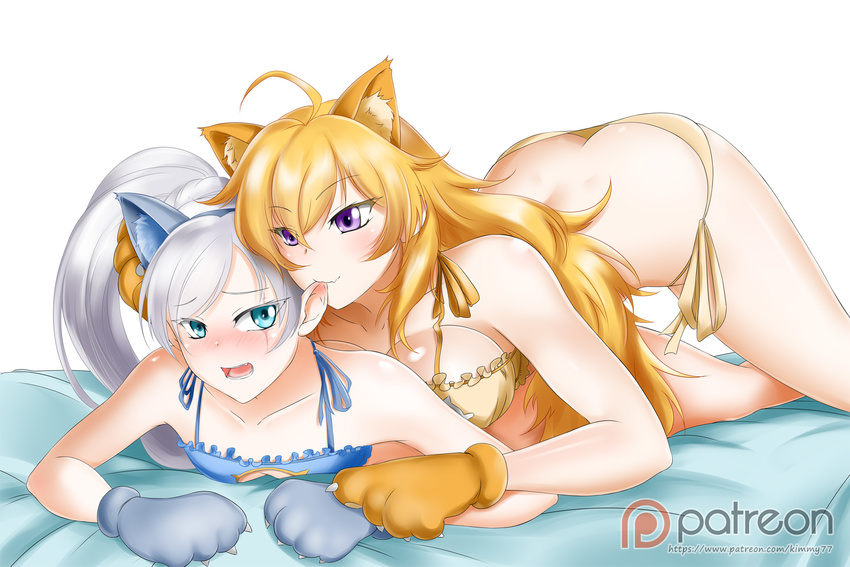 2girls alfred_cullado ass bed_sheet bikini blush breasts cat_ears cat_paws cleavage ear_biting embarrassed fake_animal_ears fang girl_on_top highres large_breasts multiple_girls on_stomach rwby small_breasts weiss_schnee yang_xiao_long yuri