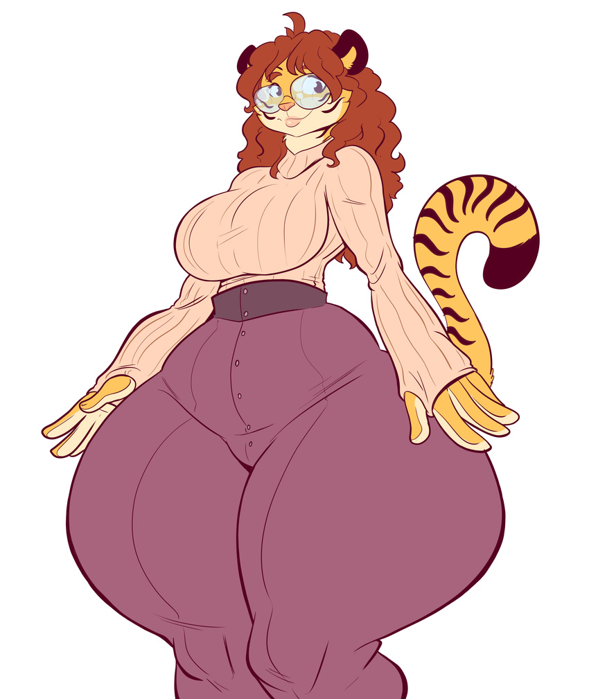 2016 absurd_res anthro big_breasts breasts clothing eyewear feline female glasses hair hi_res hyper_hips hyper_thighs jaeh mammal mature_female mother parent simple_background solo sweater tanya_bellacrow thick_thighs tiger white_background wide_hips