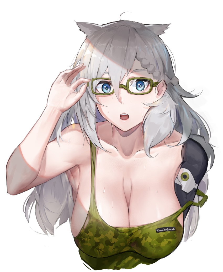 1girl adjusting_eyewear animal_ears armpits bangs bare_shoulders blue_eyes braid breasts camouflage_tank_top cat_ears cleavage commentary_request girls_frontline grey_hair hair_between_eyes highres ksvk_(girls_frontline) large_breasts long_hair looking_at_viewer mechanical_arm open_mouth pandea_work sagging_breasts solo sweat upper_body very_long_hair white_background