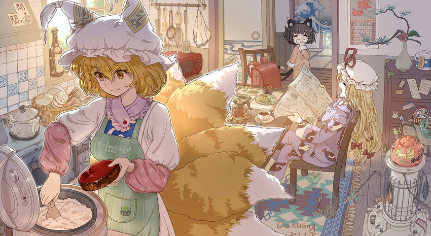 ahoge animal_ears apron artist_name backpack bag black_hair blonde_hair bottle bow bowl breakfast buttons calendar_(object) carpet cat_ears cat_tail cat_teaser chair chen chopsticks closed_eyes closed_mouth clothes_writing coffee_pot commentary_request cup dahuang daruma_doll dated dishes dress fox_tail hair_between_eyes hair_bow hat hat_ribbon highres indoors knife long_hair looking_down mob_cap mouse multiple_girls ofuda pajamas pillow_hat plant pot potted_plant randoseru red_bow red_ribbon ribbon rice rice_bowl rice_cooker rice_spoon saucer sitting sleepy smile spatula sticker stove tail teacup teapot tears touhou vase white_dress white_hat window yakumo_ran yakumo_yukari yawning yellow_eyes