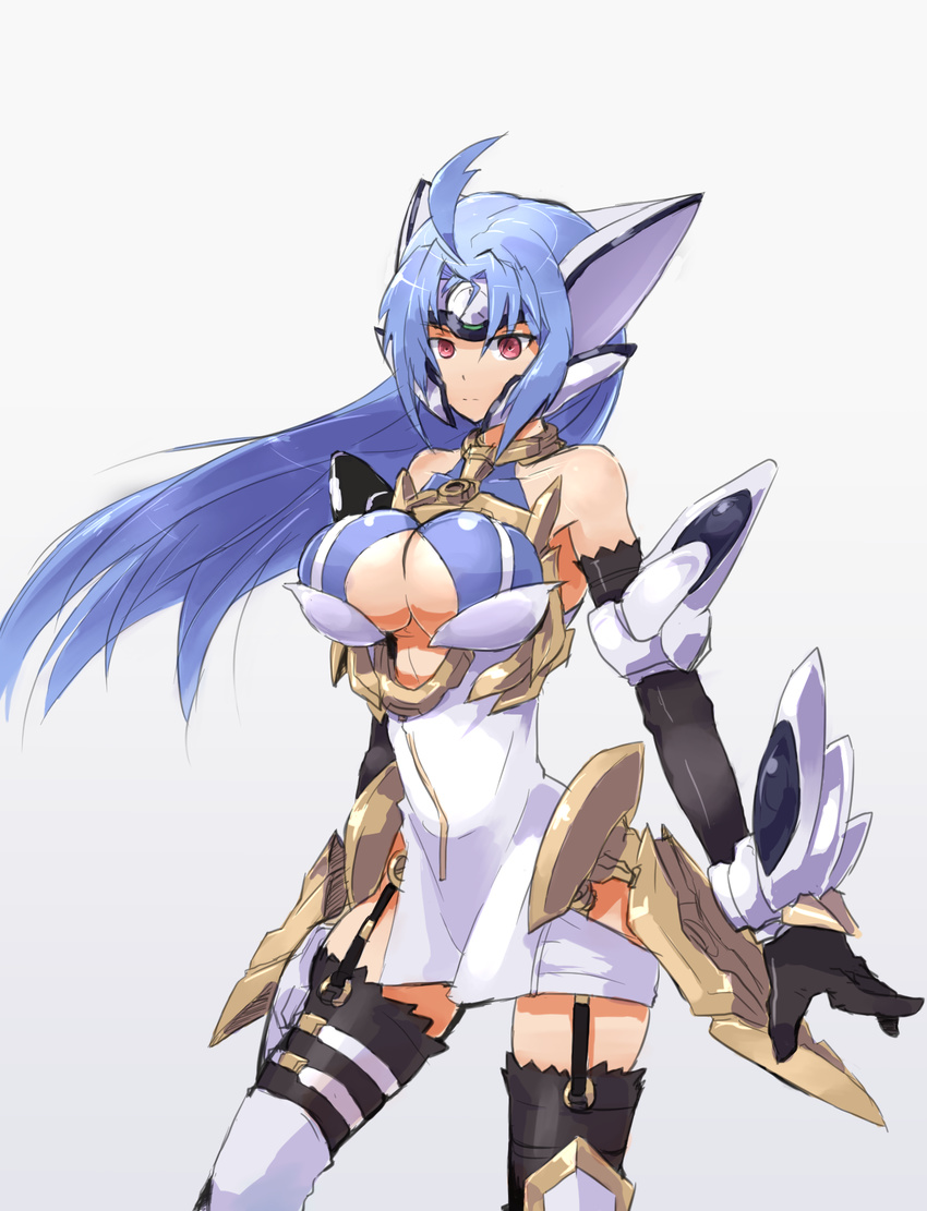 ahoge android arm_guards bangs bare_shoulders black_gloves black_legwear blue_hair boots breasts closed_mouth commentary_request depo_(typebaby505) dress elbow_gloves forehead_protector garter_straps gloves headgear highres hip_vent kos-mos kos-mos_ver._4 large_breasts red_eyes simple_background sleeveless sleeveless_dress solo standing thigh_boots thighhighs white_dress xenosaga xenosaga_episode_iii