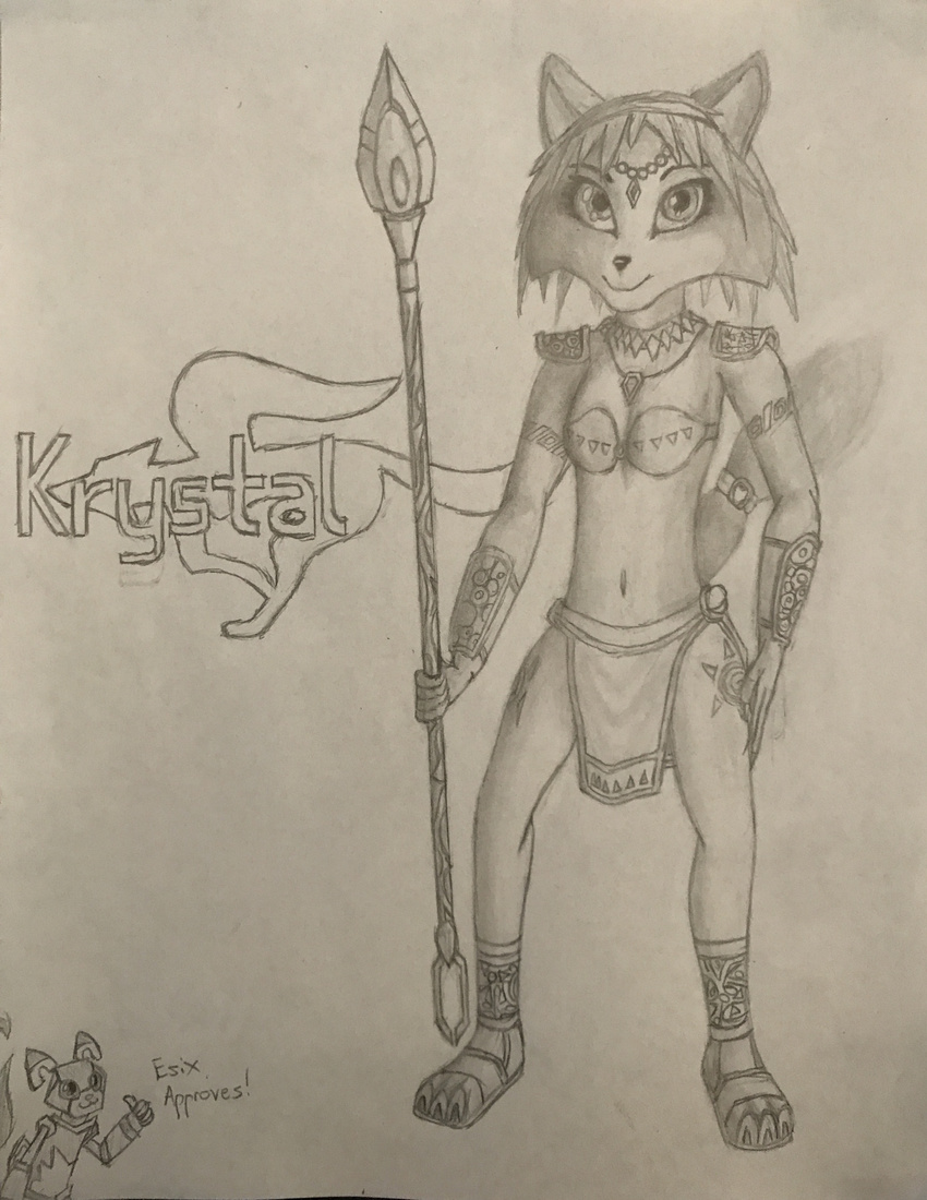 2017 3_toes anthro armor black_and_white breasts canine clothed clothing english_text female footwear fox fur hair headband holding_object krystal krystal's_staff krystal_pepsi_(artist) loincloth looking_at_viewer mammal monochrome nintendo pencil_(artwork) short_hair simple_background smile solo staff star_fox tailband text toes traditional_media_(artwork) tribal video_games weapon white_background