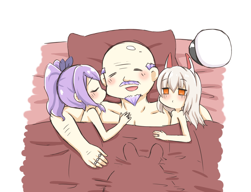 3girls :d ^_^ ^o^ age_difference animal_ears ayanami_(azur_lane) azur_lane bald beard cheek_kiss closed_eyes comic commander_(azur_lane) covering facial_hair fake_animal_ears girl_sandwich greenteaneko hat hetero highres implied_fellatio javelin_(azur_lane) jewelry kiss laffey_(azur_lane) long_hair multiple_girls nude_cover open_mouth peaked_cap pillow polygamy ponytail purple_hair ring sandwiched silent_comic silver_hair simple_background smile under_covers wedding_band white_background