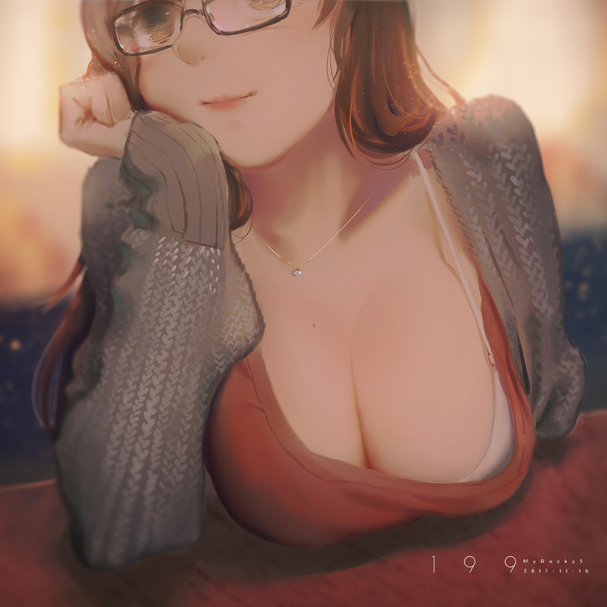 black-framed_eyewear bra bra_peek breast_rest breasts brown_eyes brown_hair cardigan chin_rest cleavage glasses highres indoors jewelry large_breasts light_smile lips long_hair long_sleeves mole mole_on_breast necklace original sleeves_past_wrists solo underwear white_bra wudi_sao_nian