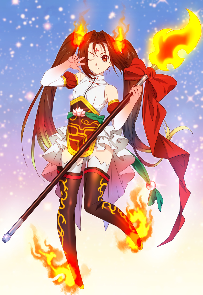 1girl absurdres alternate_costume boots bow breasts brown_eyes brown_hair elbow_gloves facial_mark fate/grand_order fate_(series) fire flaming_weapon flower forehead_mark gloves highres holding holding_weapon lotus magical_girl nagiko_(mangalove1111) nezha_(fate/grand_order) one_eye_closed polearm small_breasts spear thigh_boots thighhighs twintails weapon