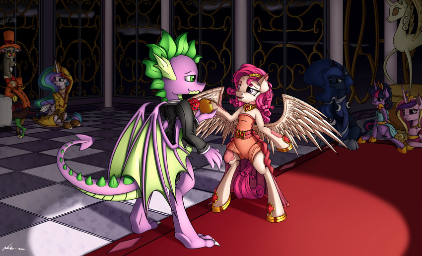 2017 absurd_res aged_up clothed clothing dancing discord_(mlp) draconequus dragon dress duo_focus equine fan_character feathered_wings feathers female friendship_is_magic green_eyes group hair hi_res horn male mammal membranous_wings my_little_pony neko-me pegasus pink_hair princess_cadance_(mlp) princess_celestia_(mlp) princess_luna_(mlp) purple_eyes spike_(mlp) twilight_sparkle_(mlp) winged_unicorn wings