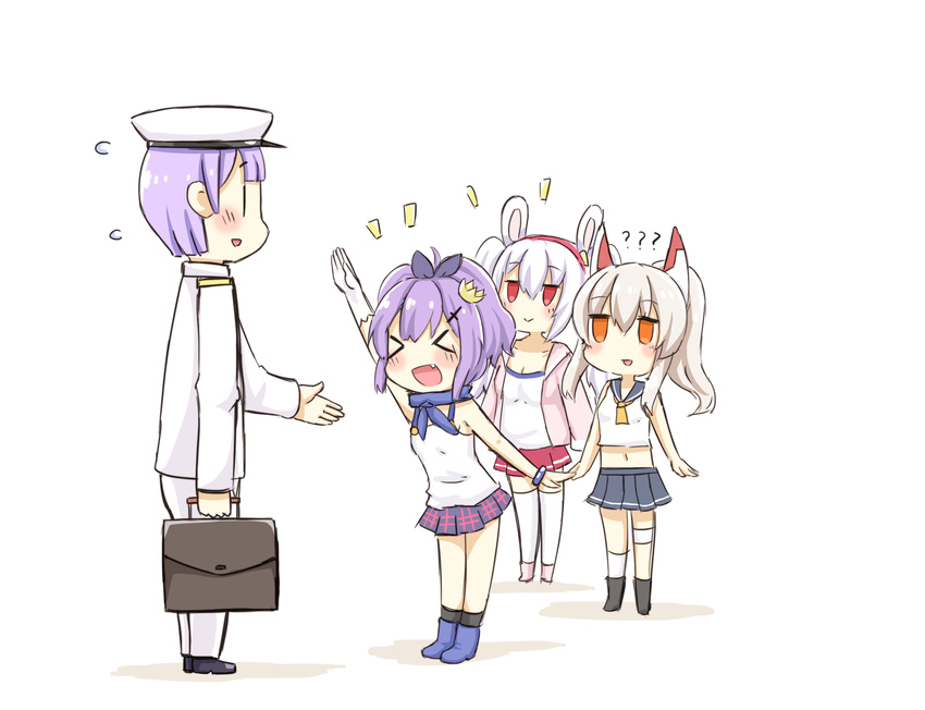 &gt;_&lt; 3girls :d ?? animal_ears ayanami_(azur_lane) azur_lane bag comic commander_(azur_lane) commentary fake_animal_ears greenteaneko hairband hat highres holding jacket javelin_(azur_lane) laffey_(azur_lane) long_hair military military_uniform multiple_girls naval_uniform open_mouth peaked_cap plaid plaid_skirt pleated_skirt ponytail purple_hair scarf school_uniform serafuku silent_comic silver_hair simple_background skirt smile thighhighs twintails uniform white_background white_hair white_legwear xd zettai_ryouiki