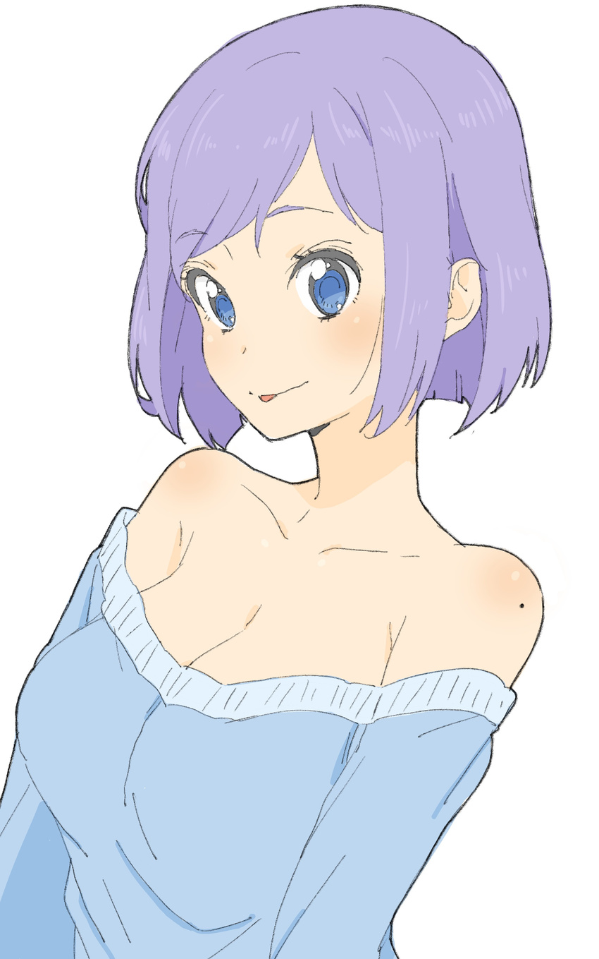 :p absurdres bangs bare_shoulders blue_eyes blue_sweater blush breasts cleavage closed_mouth donguri_suzume dress eyebrows_visible_through_hair highres large_breasts long_sleeves looking_at_viewer mole mole_on_shoulder purple_hair short_hair simple_background solo sweater sweater_dress tongue tongue_out upper_body white_background