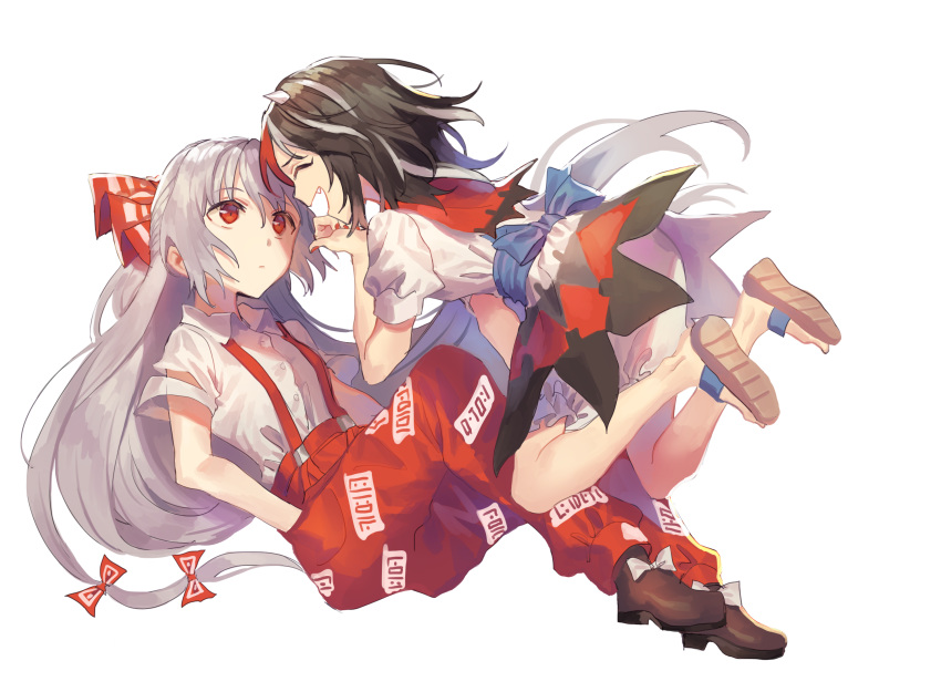 2girls :d ^_^ bangs black_hair bloomers blue_sash bow brown_footwear closed_eyes commentary_request dress eyebrows_visible_through_hair eyes_closed facing_another fang flip-flops fujiwara_no_mokou full_body hair_between_eyes hair_bow hands_in_pockets highres horns kijin_seija knees_up korean_commentary long_hair looking_at_another misha_(hoongju) multicolored_hair multiple_girls ofuda open_mouth pants puffy_short_sleeves puffy_sleeves red_bow red_eyes red_hair red_pants red_sailor_collar sailor_collar sandals sash shirt shoes short_hair short_sleeves silver_hair simple_background smile streaked_hair suspenders touhou underwear very_long_hair white_background white_bloomers white_bow white_dress white_hair white_shirt wing_collar