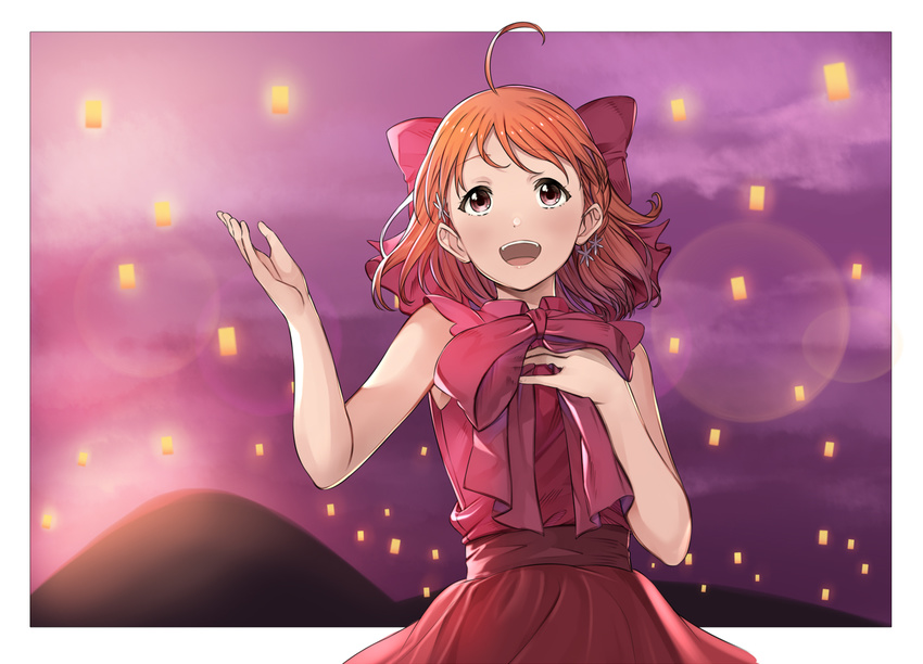 ahoge bad_id bad_pixiv_id border bow brown_eyes cowboy_shot dress earrings hair_bow hand_on_own_chest jewelry keita_(kta0) lantern lens_flare looking_up love_live! love_live!_sunshine!! mountain open_mouth orange_hair outdoors outside_border outstretched_hand red_bow red_dress smile solo takami_chika teeth twilight white_border
