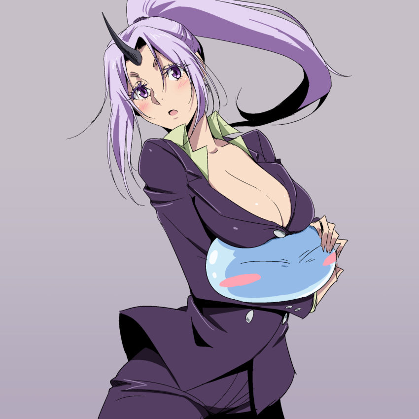 1girl :o blush blush_stickers breast_rest breasts cleavage eyes_closed highres horns large_breasts open_mouth ponytail purple_eyes rimuru_tempest shion_(tensei_shitara_slime_datta_ken) slime tensei_shitara_slime_datta_ken yazwo