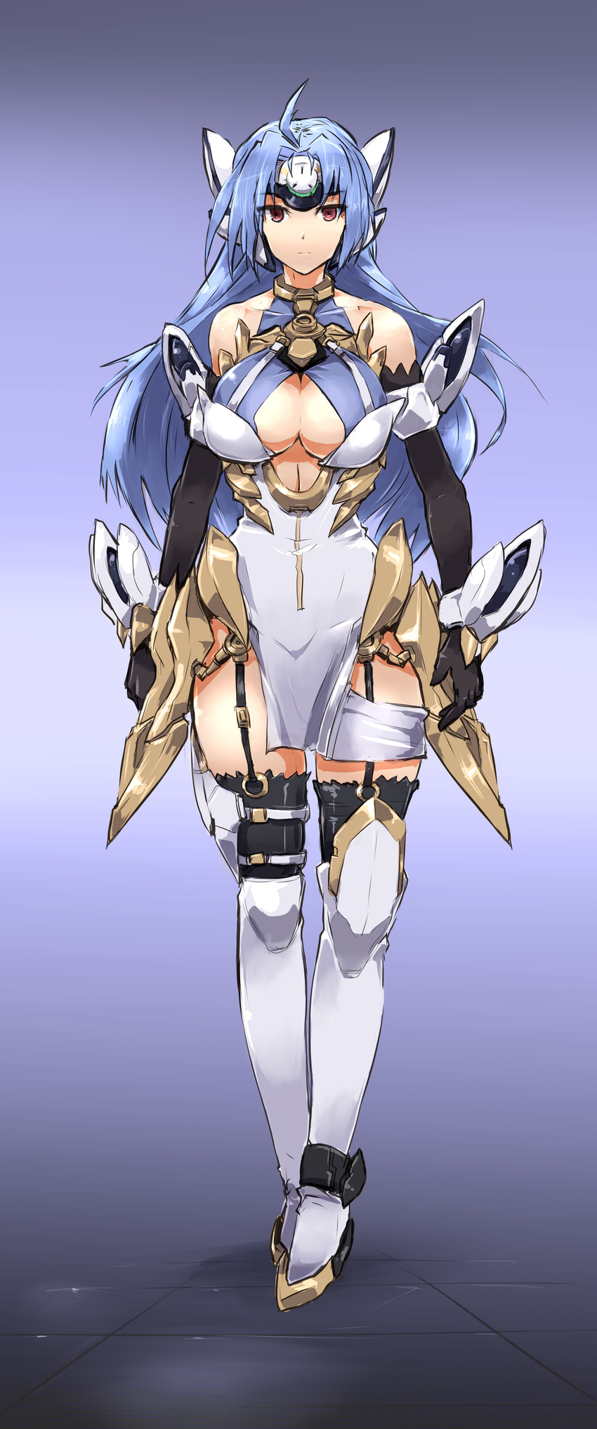 absurdres ahoge android arm_guards bangs bare_shoulders black_gloves black_legwear blue_hair boots breasts closed_mouth commentary_request depo_(typebaby505) dress elbow_gloves forehead_protector full_body garter_straps gloves headgear highres kos-mos kos-mos_ver._4 large_breasts red_eyes sleeveless sleeveless_dress solo standing thigh_boots thighhighs white_dress xenosaga xenosaga_episode_iii