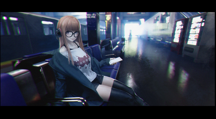 black_legwear blurry cellphone depth_of_field film_grain glasses ground_vehicle headphones highres jacket long_hair looking_at_viewer off_shoulder persona persona_5 phone sakura_futaba short_shorts shorts sitting smartphone smile solo subway thighhighs train xyz_(xiaoyezi)