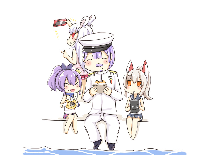 3girls :d ^_^ animal_ears ayanami_(azur_lane) azur_lane beard cellphone closed_eyes comic commander_(azur_lane) drinking drum_(container) eating facial_hair fake_animal_ears goatee greenteaneko hairband hat highres holding jacket javelin_(azur_lane) laffey_(azur_lane) long_hair military military_uniform multiple_girls mustache naval_uniform open_mouth peaked_cap phone pleated_skirt ponytail purple_hair scarf school_uniform self_shot serafuku silent_comic silver_hair simple_background sitting skirt smartphone smile stargazy_pie thighhighs twintails uniform v white_background white_hair white_legwear zettai_ryouiki