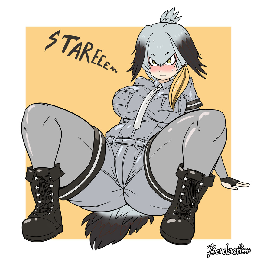 absurd_res animal_humanoid avian avian_humanoid bendacriss big_breasts black_feathers black_hair blonde_hair blush boots breasts clothing feathers female fingerless_gloves footwear gloves grey_feathers grey_hair hair hi_res humanoid kemono_friends necktie shoebill shoebill_(kemono_friends) sweat sweatdrop yellow_eyes