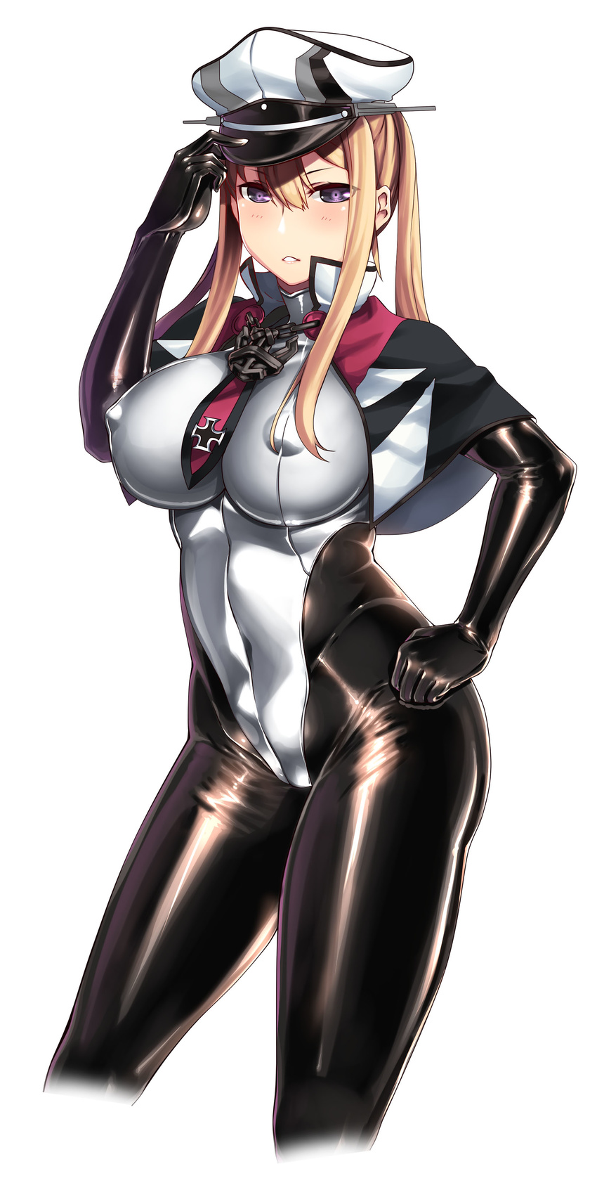 absurdres adapted_costume anchor blonde_hair blush bodysuit breasts capelet contrapposto covered_navel covered_nipples cowboy_shot cropped_legs eyebrows_visible_through_hair gloves graf_zeppelin_(kantai_collection) hair_between_eyes hand_on_headwear hand_on_hip hat hiememiko high_collar highres iron_cross kantai_collection large_breasts latex latex_gloves latex_legwear long_hair looking_at_viewer military military_uniform necktie nipples parted_lips peaked_cap purple_eyes shiny shiny_clothes sidelocks simple_background skin_tight solo standing twintails uniform v-shaped_eyebrows white_background