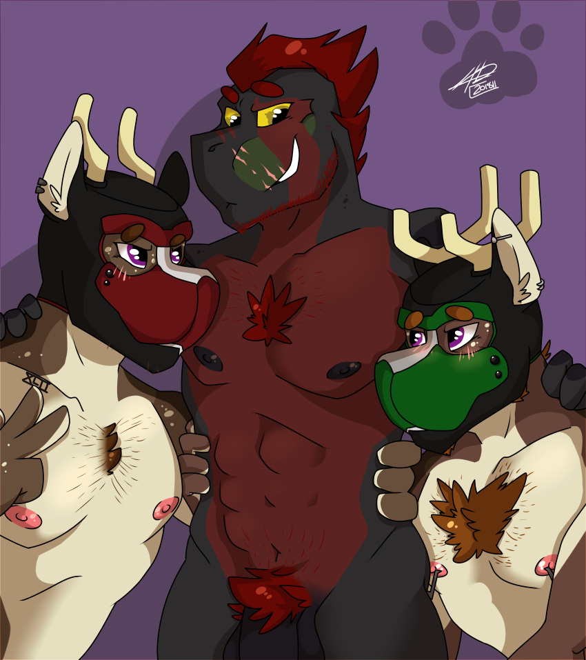 2018 anthro blush cervine dinosaur father father_and_son group kamos_(sylvanedadeer) male male/male mammal muscular nude parent petplay pup_hood raptor reptile roleplay scalie smile son sylvane sylvanedadeer tagg tattoo theropod