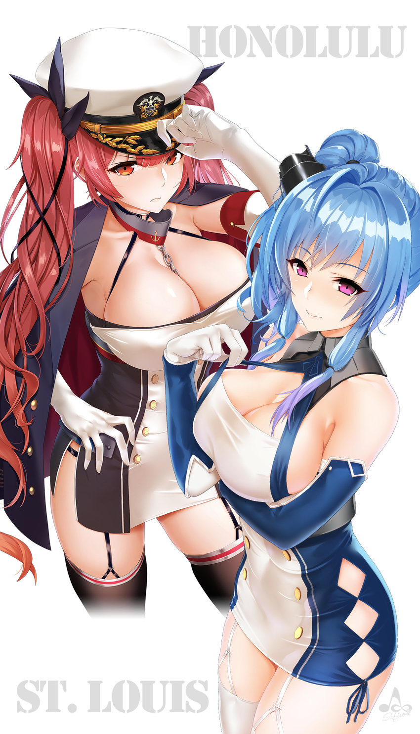 adjusting_clothes adjusting_hat artist_name azur_lane bangs bare_shoulders between_breasts black_footwear black_hat black_jacket black_legwear black_ribbon blue_gloves blue_hair blue_ribbon breast_hold breasts chain character_name cleavage closed_mouth collar collarbone contrapposto cowboy_shot criss-cross_halter cropped_legs double-breasted dress elbow_gloves emblem eyebrows_visible_through_hair garter_belt garter_straps gloves hair_bun hair_ribbon halterneck hand_on_headwear hand_on_hip hat highres honolulu_(azur_lane) infinote jacket jacket_on_shoulders large_breasts legs_apart long_hair looking_at_viewer military_hat mini_hat multiple_girls o-ring o-ring_top orange_eyes peaked_cap pink_eyes pink_hair purple_eyes ribbon serious shiny shiny_hair short_dress side_bun side_ponytail side_slit sideboob sidelocks simple_background smile st._louis_(azur_lane) standing thighhighs tress_ribbon tsurime twintails unbuttoned very_long_hair white_background white_dress white_gloves white_hat white_legwear