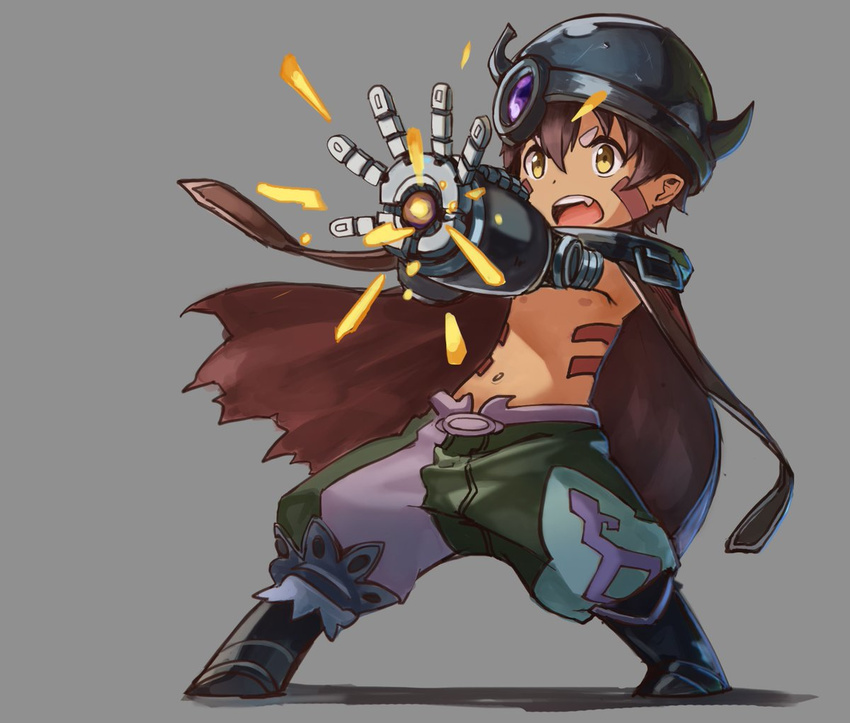 arm_cannon brown_hair cape dark_skin dark_skinned_male darkers facial_mark fang helmet horned_helmet made_in_abyss male_focus mechanical_arms open_mouth regu_(made_in_abyss) shirtless simple_background solo weapon yellow_eyes