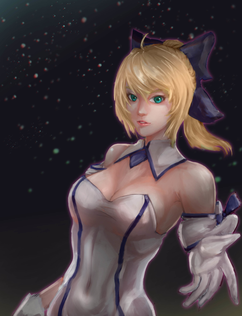 absurdres ahoge artoria_pendragon_(all) bare_shoulders black_bow blonde_hair bow breasts cleavage covered_navel detached_collar fate/unlimited_codes fate_(series) gloves green_eyes hair_bow highres lips medium_breasts painterly parted_lips ponytail saber_lily solo white_gloves yamada_(2833422618)