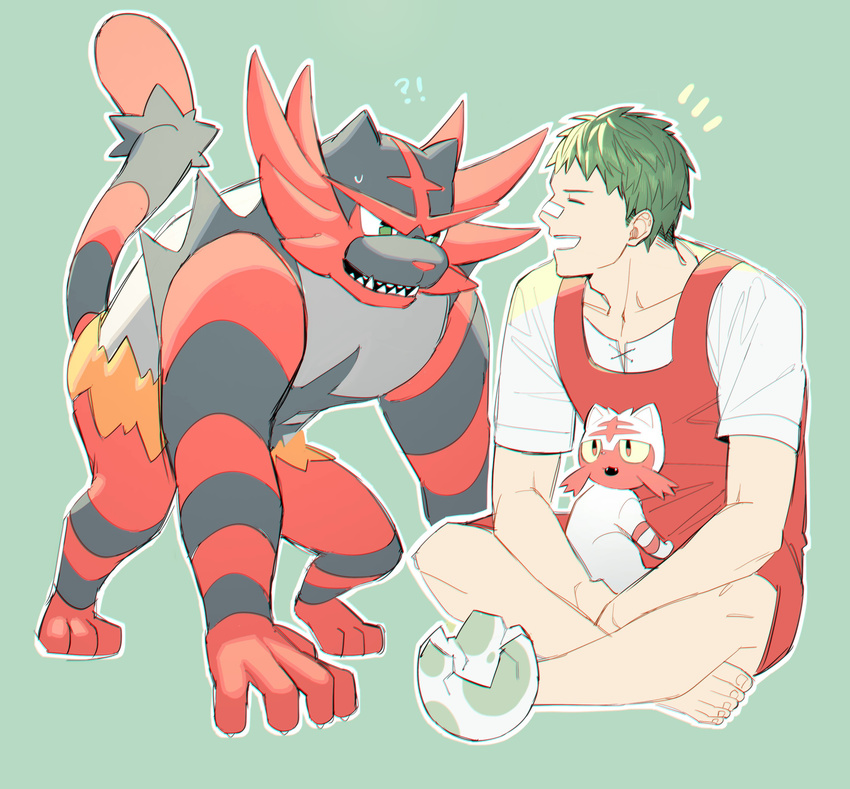 1boy absurdres all_fours apron egg gen_7_pokemon green_background green_hair highres incineroar indian_style litten male_focus nazono_buru npc_trainer pokemon pokemon_(creature) pokemon_(game) pokemon_breeder_(pokemon) pokemon_oras pokemon_sm simple_background sitting smile