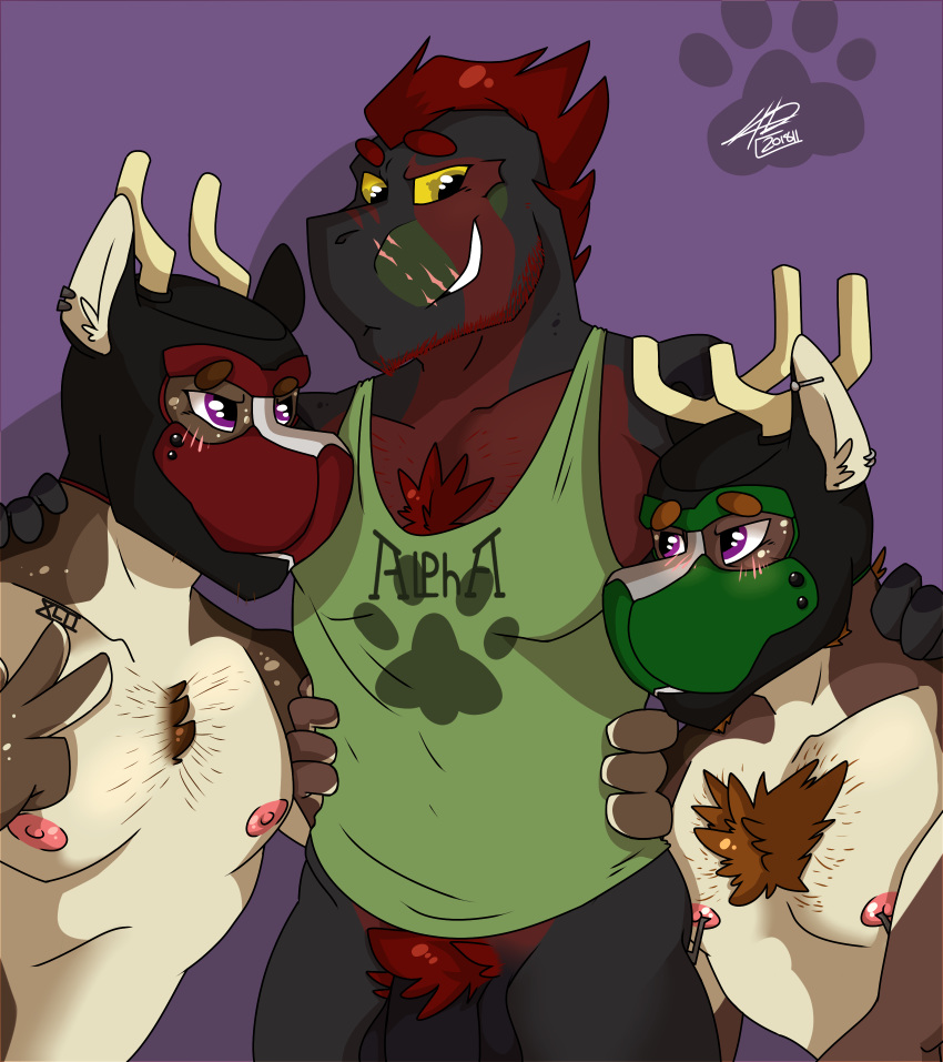 2018 anthro cervine clothing dinosaur father father_and_son group kamos_(sylvanedadeer) male male/male mammal muscular nude parent petplay pup_hood raptor reptile roleplay scalie smile son sylvane sylvanedadeer tagg tattoo theropod