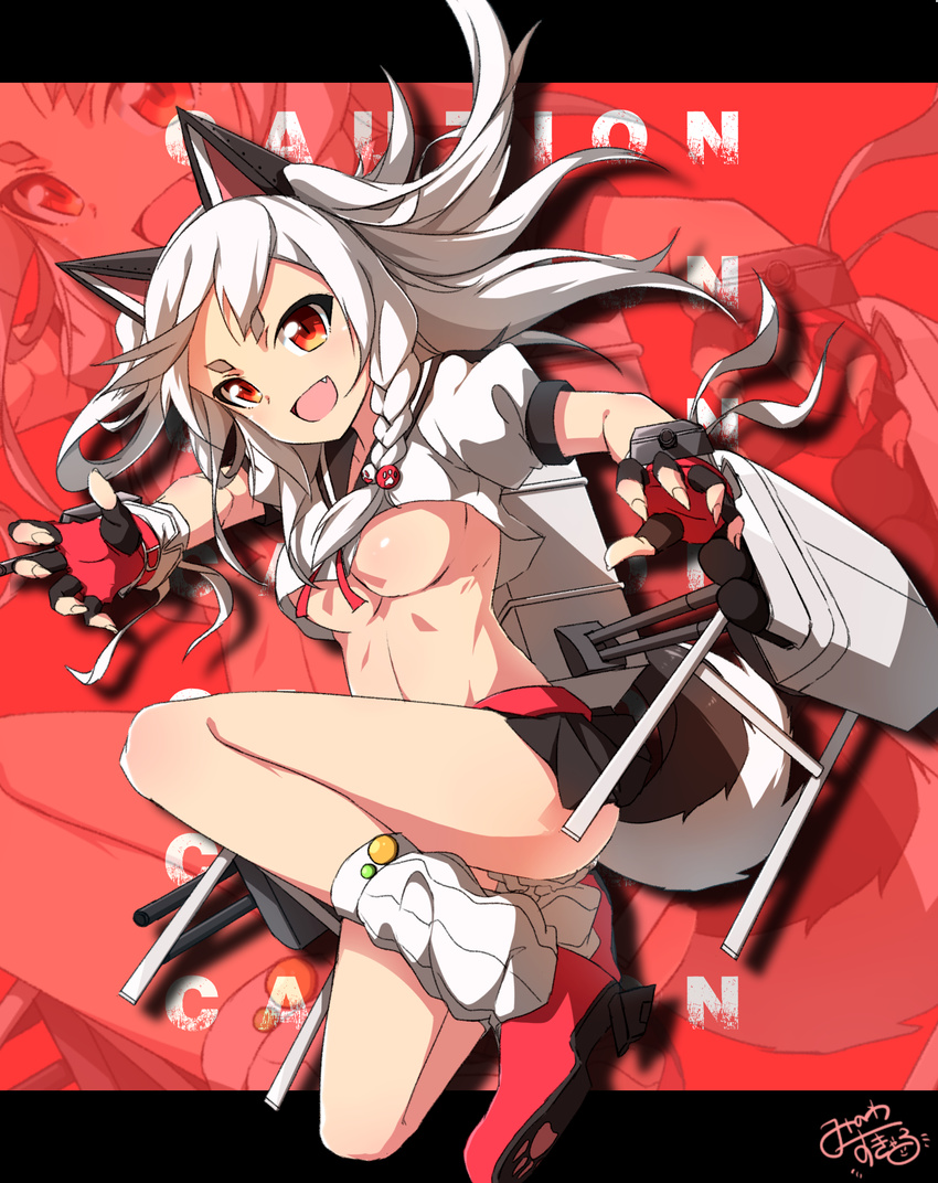 :d animal_ears azur_lane bangs black_skirt braid breasts caution claw_pose collarbone commentary_request crop_top crop_top_overhang fake_animal_ears fang fingerless_gloves fingernails gloves hair_ornament highres leg_up long_hair looking_at_viewer machinery medium_breasts midriff minowa_sukyaru open_mouth paw_print pleated_skirt red_eyes red_footwear rigging rudder_shoes school_uniform serafuku sharp_fingernails shirt sidelocks signature skirt smile striped striped_legwear tail thick_eyebrows torpedo_tubes turret two_side_up underboob v-shaped_eyebrows vertical-striped_legwear vertical_stripes white_hair white_legwear white_shirt yuudachi_(azur_lane)