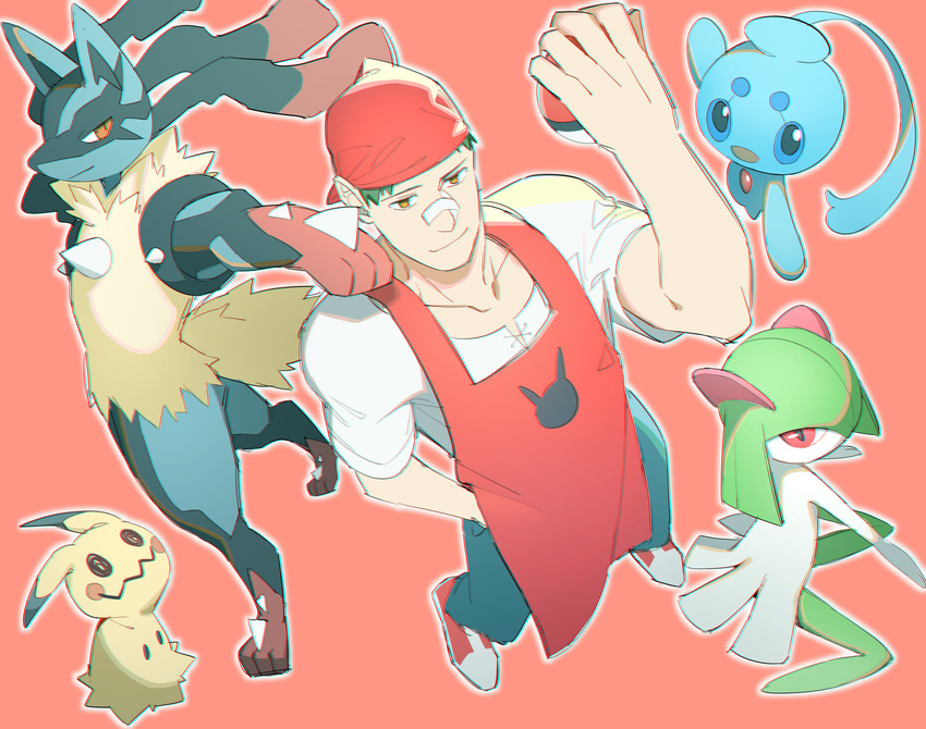 absurdres apron bandaid bandaid_on_nose bandana from_above gen_3_pokemon gen_4_pokemon gen_7_pokemon green_hair hand_in_pocket highres holding holding_poke_ball kirlia looking_at_viewer lucario male_focus manaphy mimikyu nazono_buru npc_trainer poke_ball poke_ball_(generic) pokemon pokemon_(creature) pokemon_(game) pokemon_breeder_(pokemon) pokemon_oras red_apron red_background simple_background smile smirk