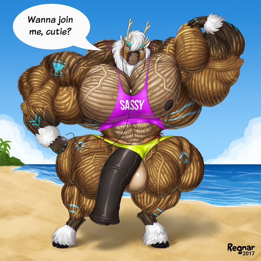 abs animal_genitalia animal_penis anthro biceps cambaru cervine earplugs equine_penis extreme flexing hooves hyper hyper_muscles looking_at_viewer mammal muscular nipples pecs penis regnar reindeer text traps