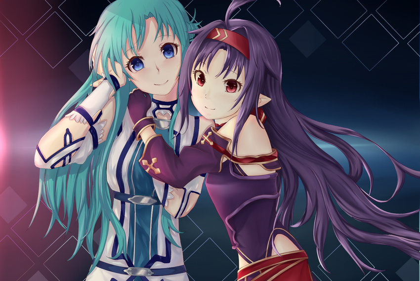 adjusting_hair ahoge aqua_hair arms_around_neck asuna_(sao) asuna_(sao-alo) bare_shoulders blacklegendzz blue_eyes cowboy_shot detached_sleeves long_hair multiple_girls pointy_ears purple_hair red_eyes smile sword_art_online yuuki_(sao)